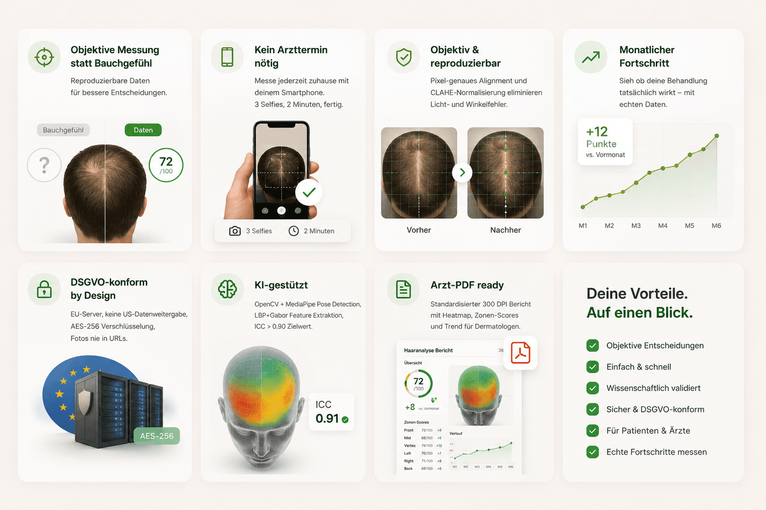 Hairlens App-Dashboard – KI-gestützte Follikeldichte-Analyse für 6 Kopfzonen