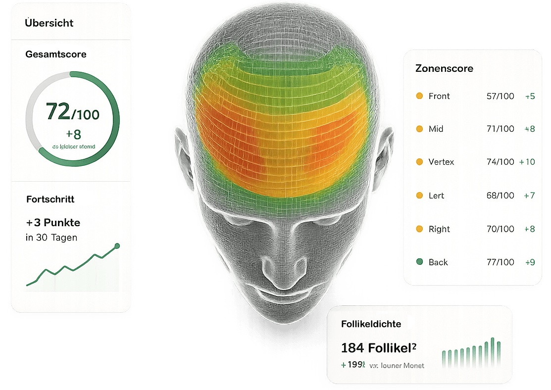 Hairlens KI-Haaranalyse – Follikeldichte-Visualisierung für 6 Kopfzonen